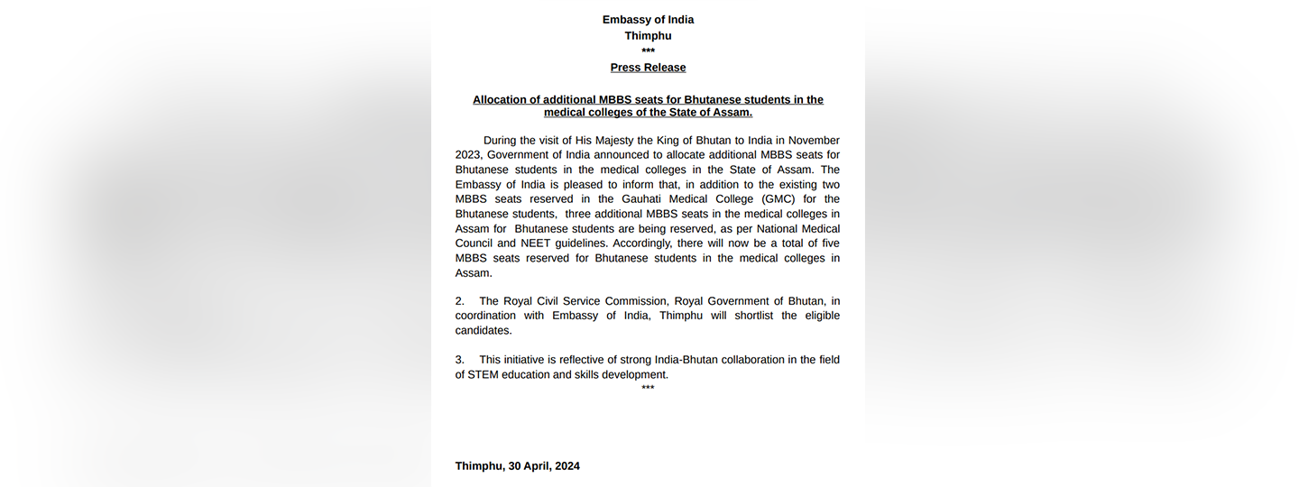  Press Release: Allocation of additional MBBS seats for Bhutanese students in the medical colleges of the State of Assam