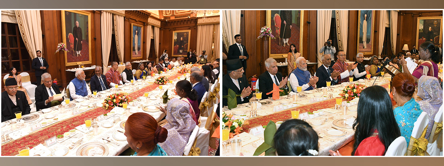  President Droupadi Murmu hosted a banquet at Rashtrapati Bhavan in honour of the leaders of neighbouring countries attending the swearing-in-ceremony of the Prime Minister of India. The leaders who attended the banquet include President Ranil Wickremesinghe of Sri Lanka; President Mohamed Muizzu of the Maldives; Vice President Ahmed Afif of Seychelles; Prime Minister Sheikh Hasina of Bangladesh; Prime Minister Pravind Kumar Jugnauth of Mauritius; Prime Minister Pushpa Kamal Dahal Prachanda of Nepal; and Prime Minister Tshering Tobgay of Bhutan.